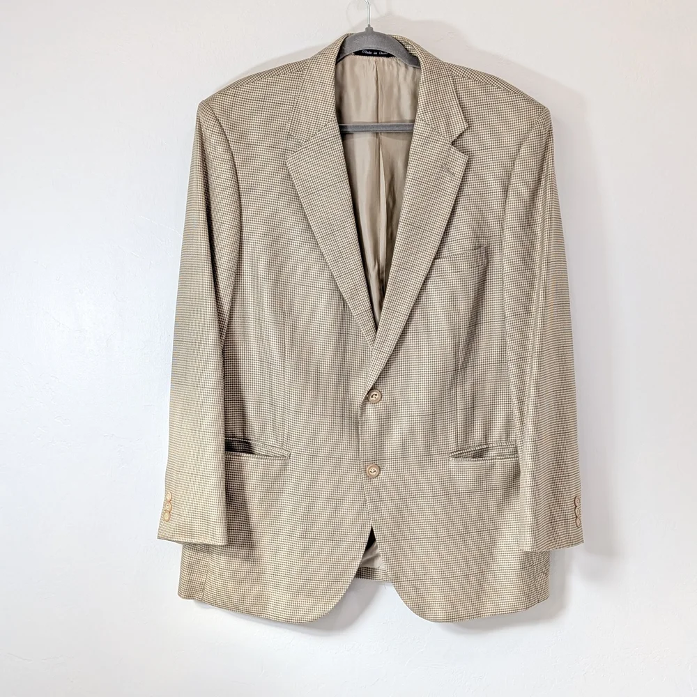 Alan Flusser Men's Light Tan Houndstooth Silk Worsted Wool Blazer Size 42R Sleek